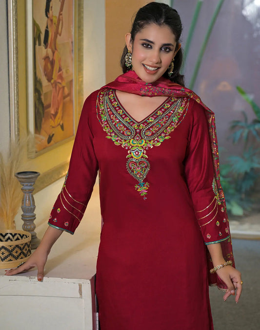 Silk Blend Embroidered Straight 3 Piece Kurta Set