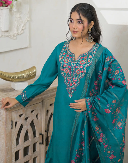 Silk Blend Embroidered A-line 3 Piece Kurta Set