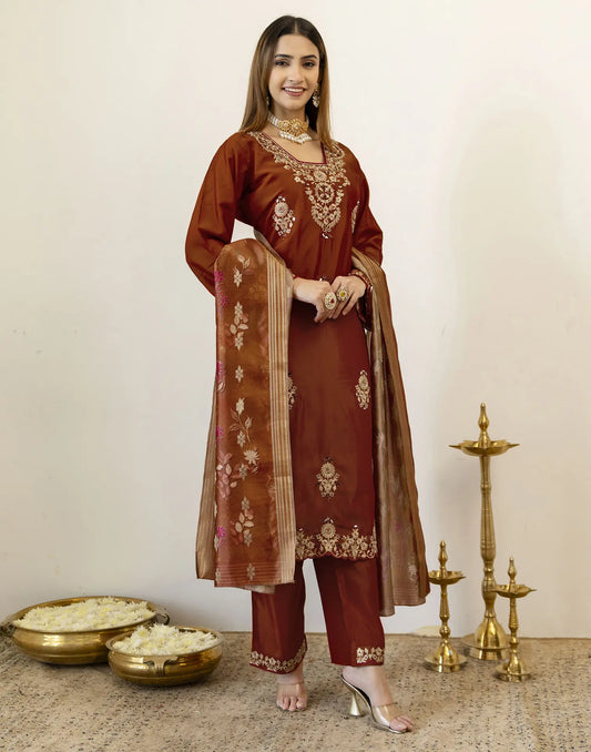 Silk Blend Embroidered Straight 3-Piece Kurta Set with Dupatta