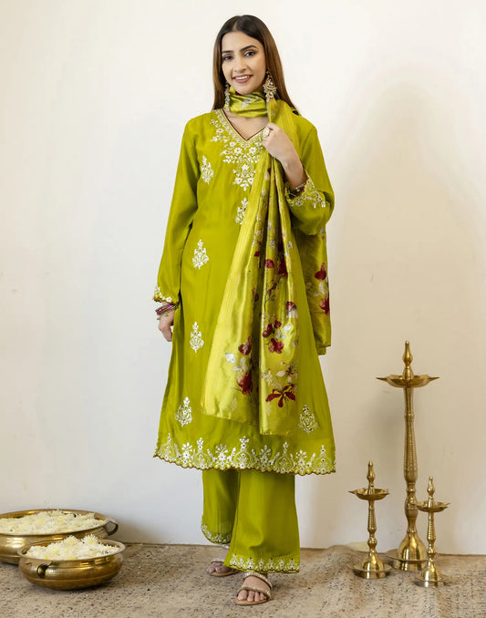 Silk Blend Embroidered Straight 3-Piece Kurta Set with Dupatta