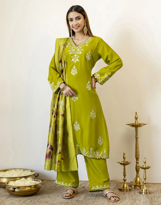 Silk Blend Embroidered Straight 3-Piece Kurta Set with Dupatta