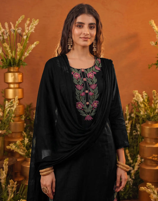 Silk Blend Embroidered Straight 3-Piece Kurta Set with Dupatta