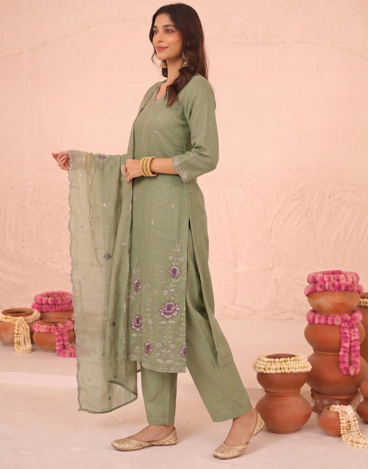 Mul Chanderi Sequence Straight 3 Piece Kurta Set