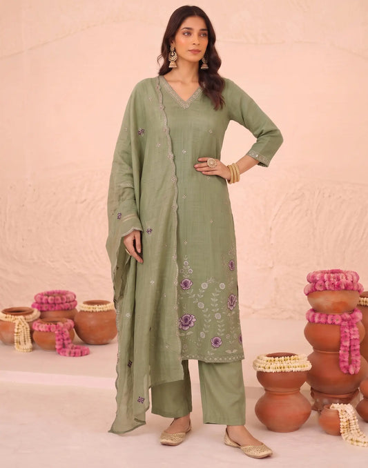 Mul Chanderi Sequence Straight 3 Piece Kurta Set
