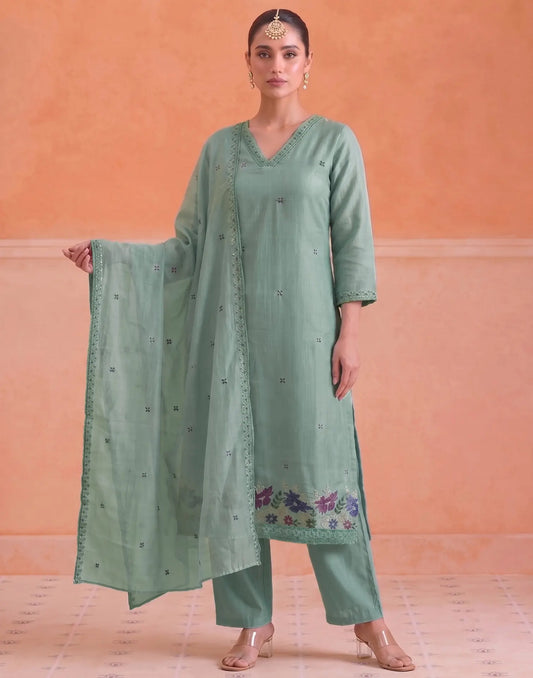 Chanderi Embroidered Straight 3-Piece Kurta Set with Dupatta