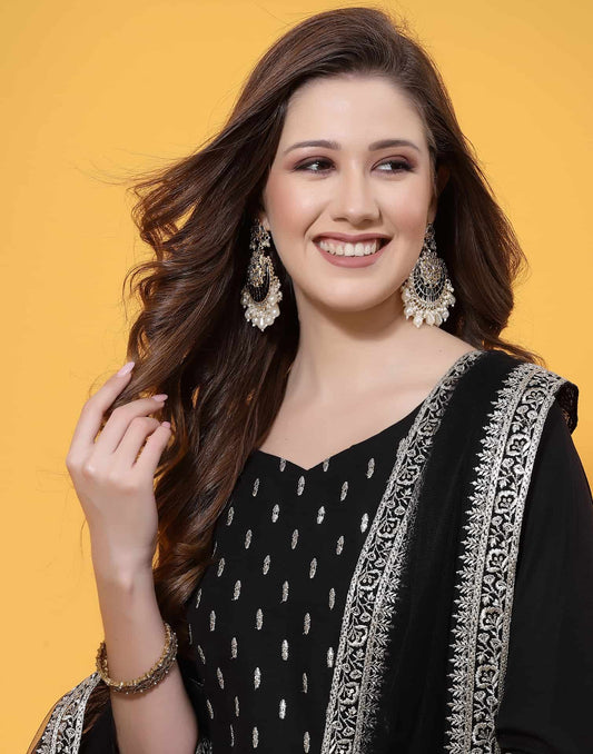 Black Rayon Straight Kurta Set with Embroidery and Dupatta under 1000