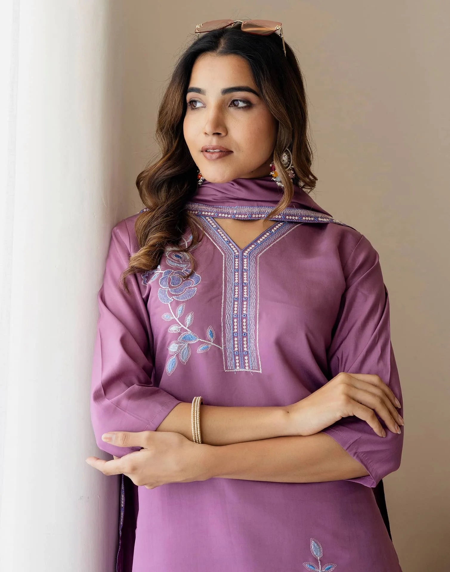 Purple Silk Embroidered Straight Kurta Set with Pant & Dupatta for Women Office & Casual Wear under 1299