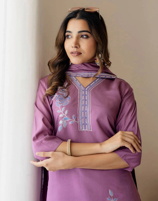 Purple Silk Embroidered Straight Kurta Set with Pant & Dupatta for Women Office & Casual Wear under 1299