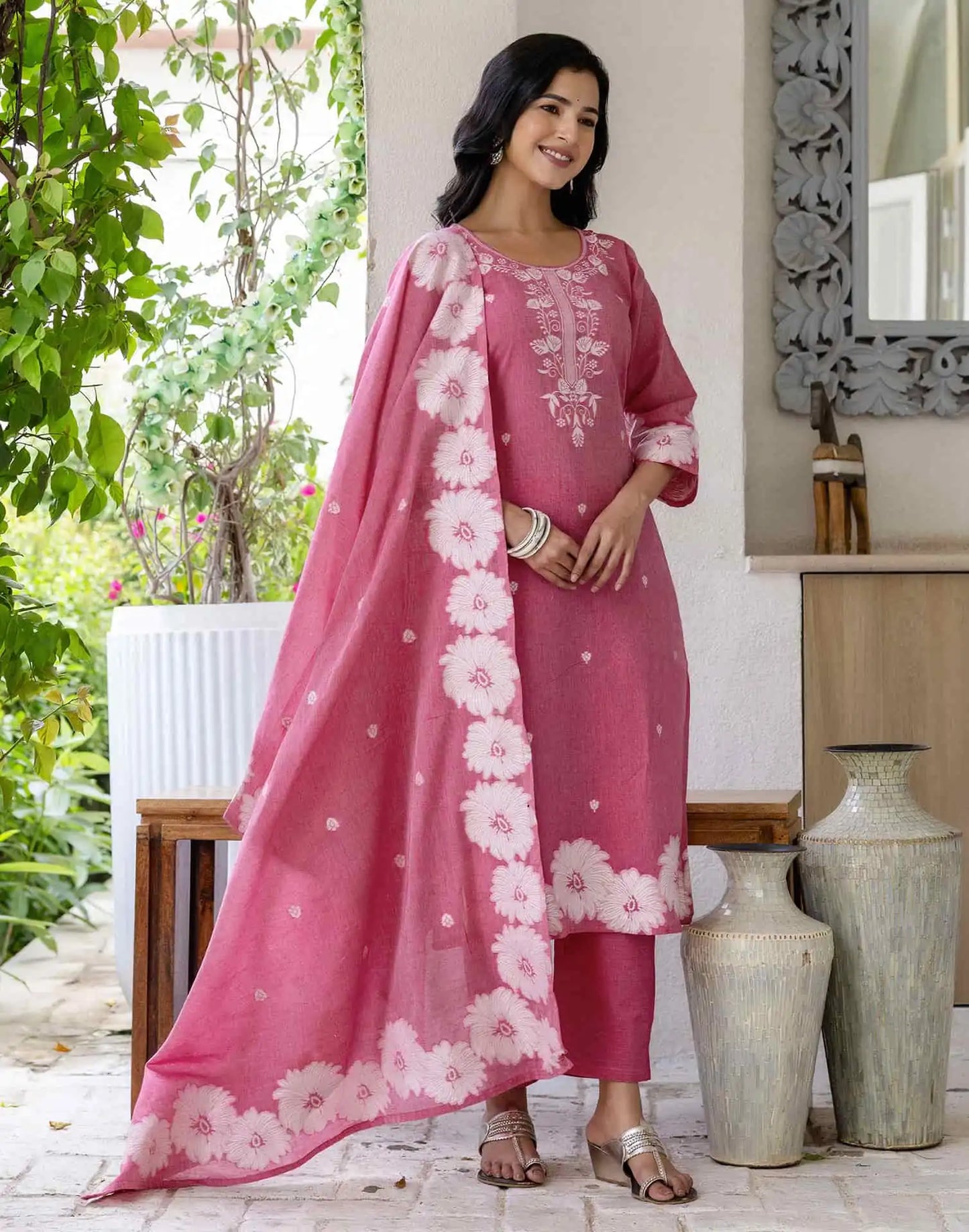 Cotton Straight Woven Design Round Neck Kurta with Pant & Dupatta