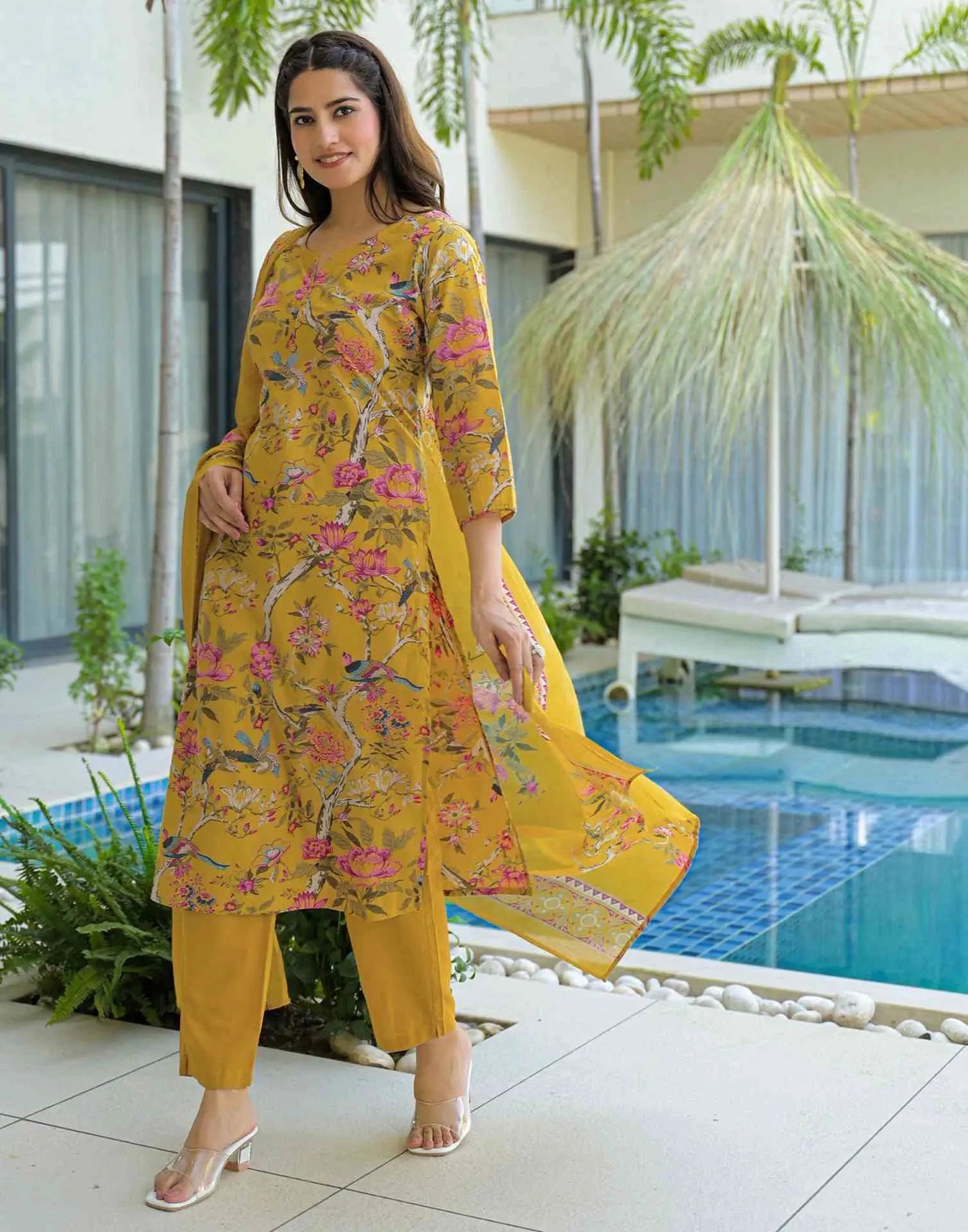 Cotton Printed Straight V-Neck Kurta with Pant & Dupatta