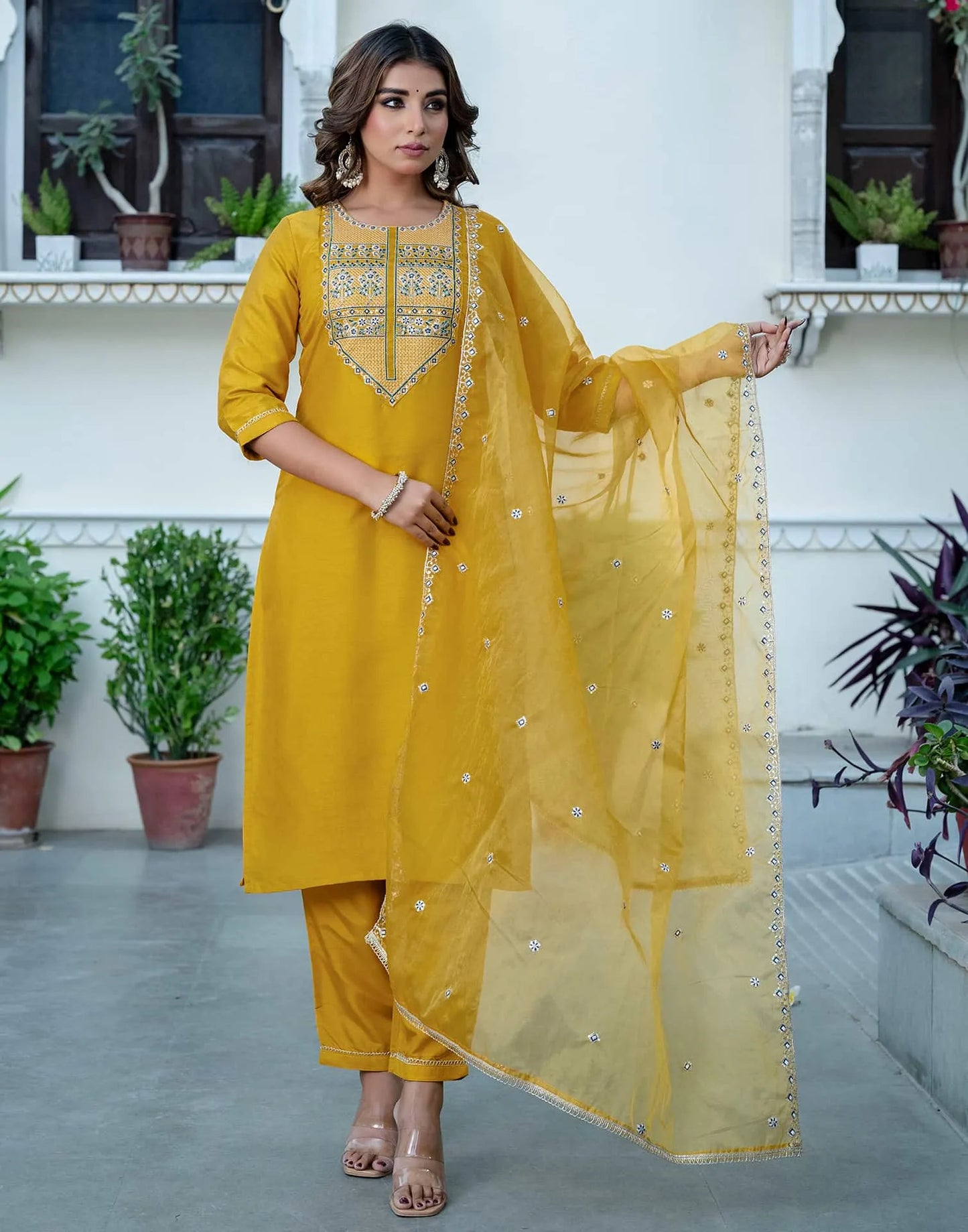 Yellow Silk Sequence Embroidered Straight Kurta Set with Pant and Dupatta – Elegant Wedding & Festive Wear for Women