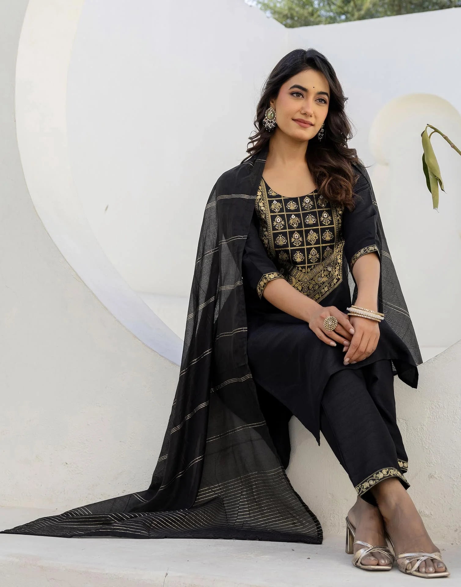 Black Silk Woven Straight Kurta Set with Pant & Dupatta for Women