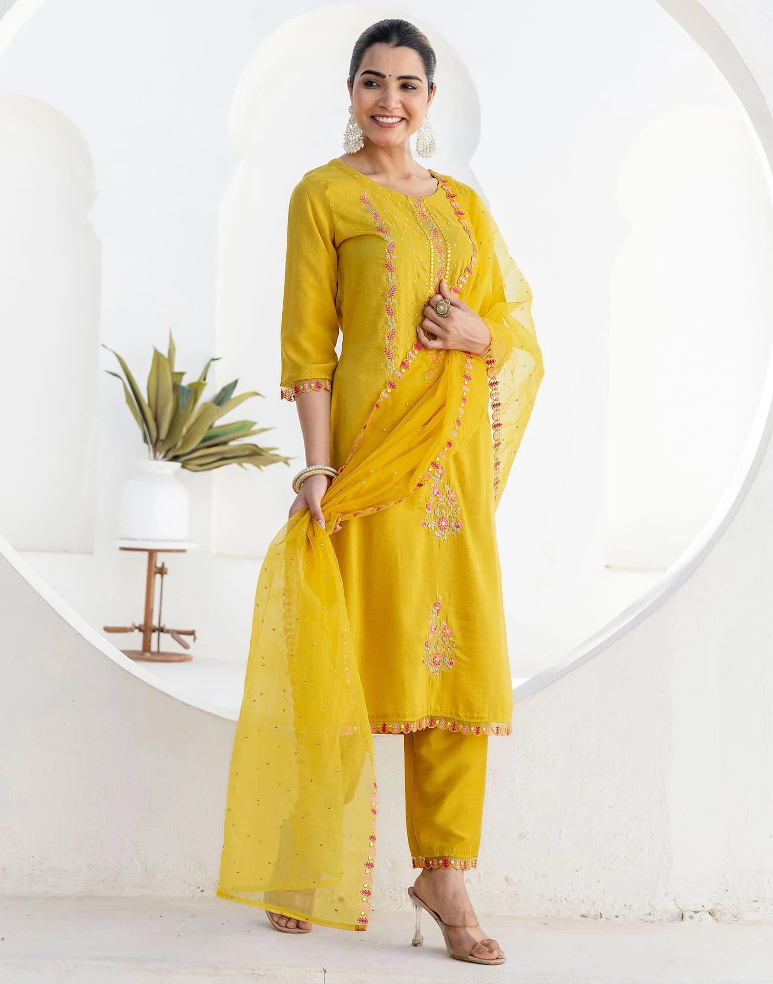 Yellow Silk Blend Embroidery and Mirror Work Straight Kurta Set for Women with Pant & Dupatta