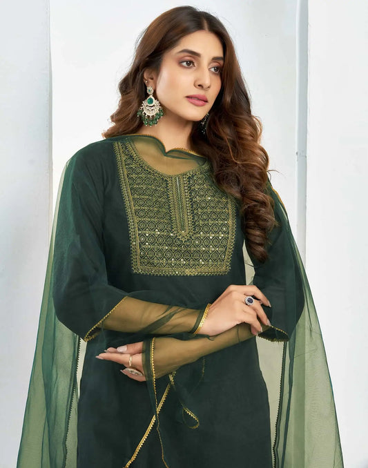 Cotton Blend Embroidered Straight Kurta with Pant & Dupatta