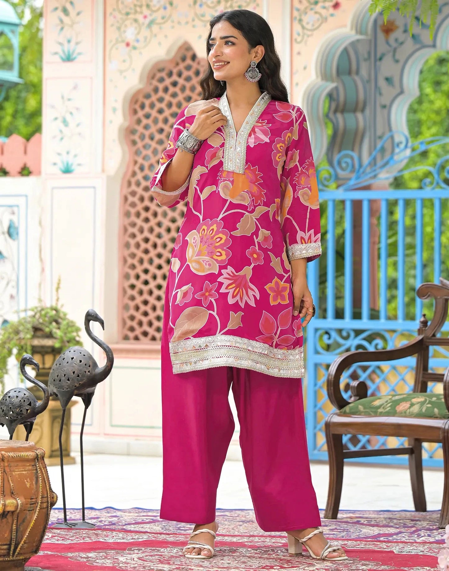 Crepe Printed V-Neck Straight Kurta with Pant & Dupatta
