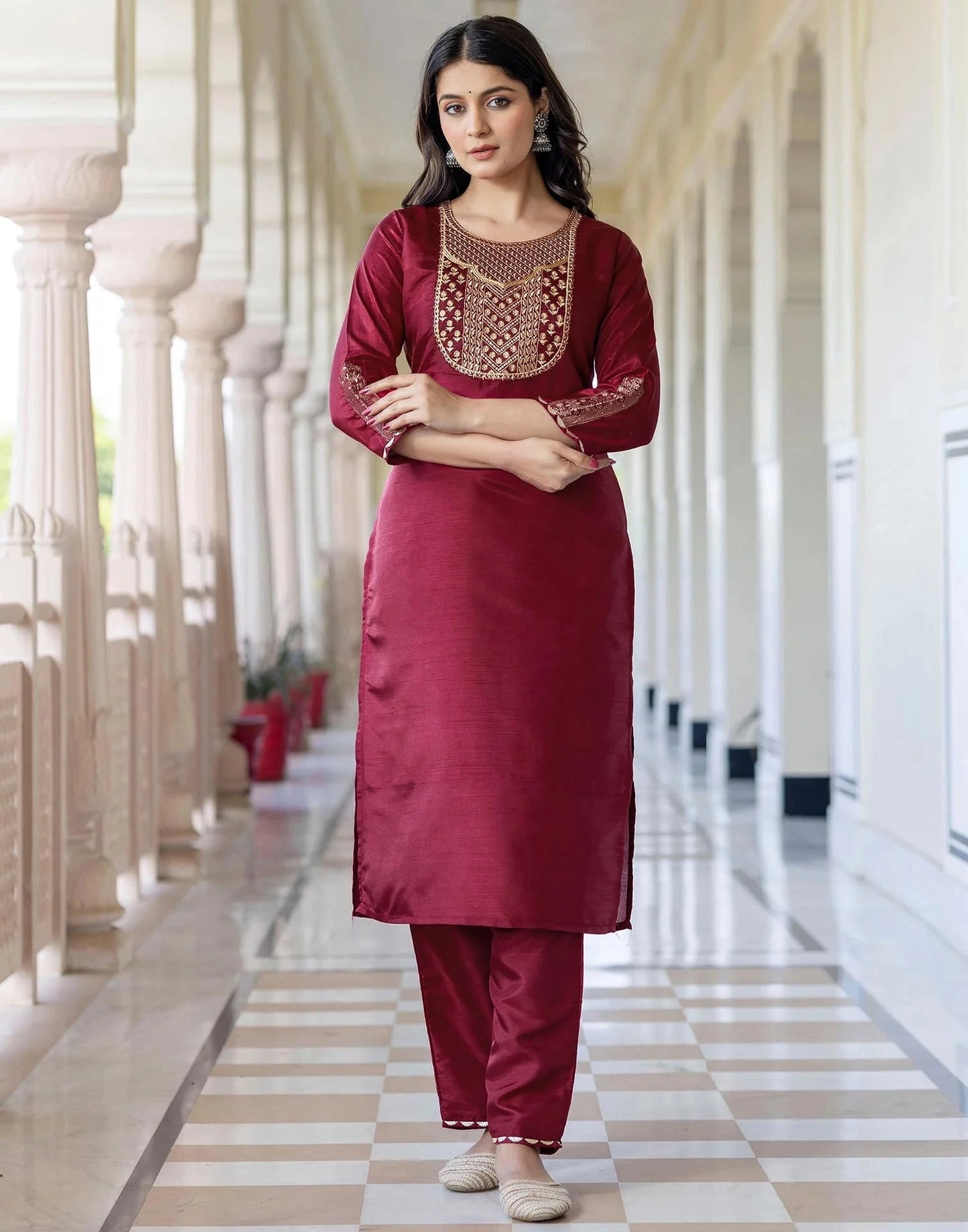 Maroon Silk Embroidered Straight Kurta with Pant & Dupatta for Women