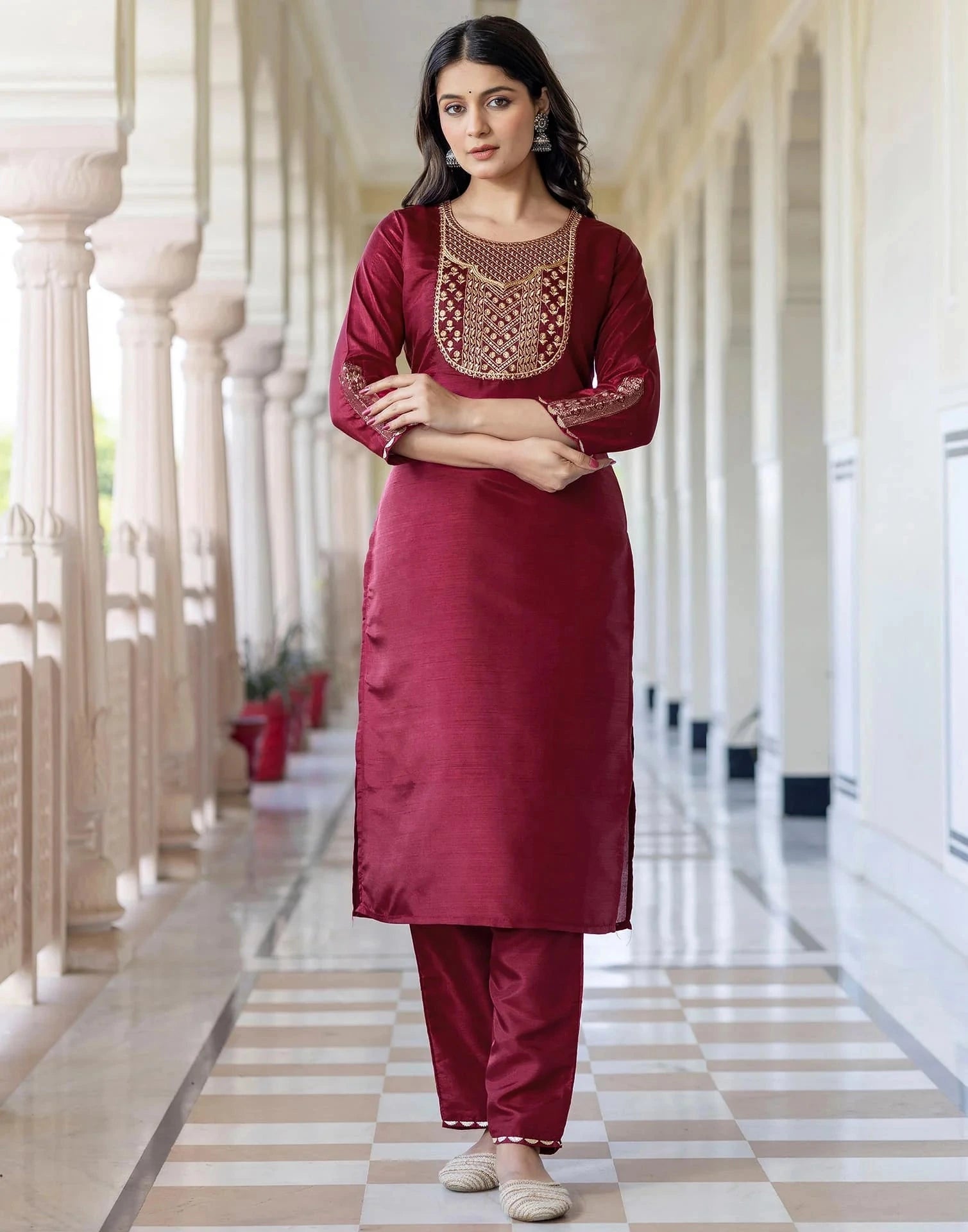 Maroon Silk Embroidered Straight Kurta with Pant & Dupatta for Women