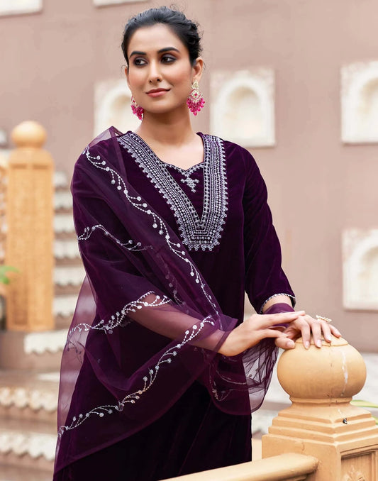 Velvet Sequins, Embroidery and Gota Lace Straight Kurta with Pant & Dupatta
