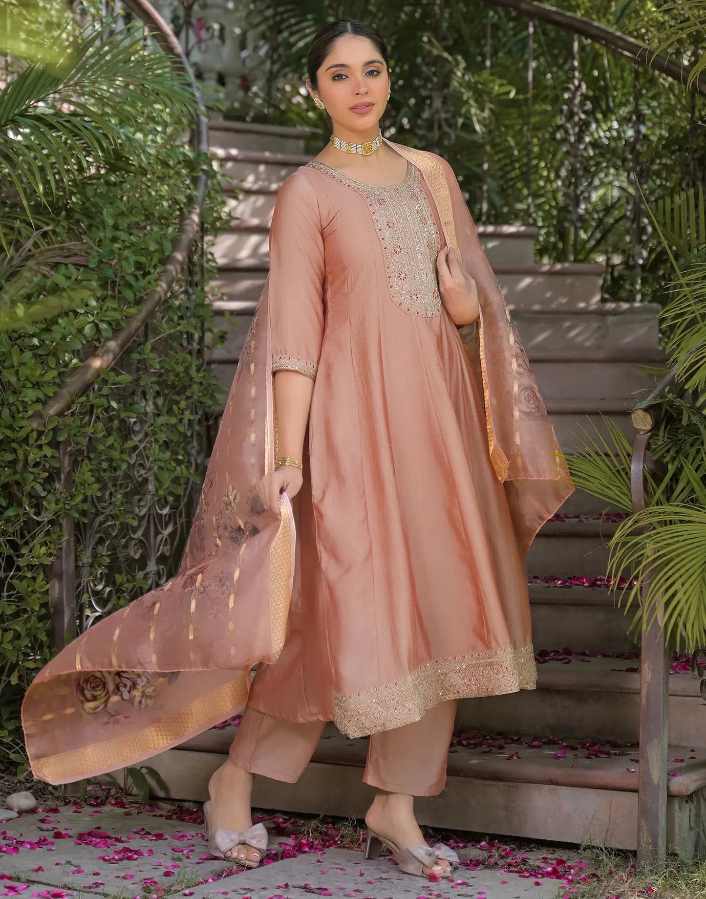 Silk Embroidered Round Neck Flared Kurta with Pant & Dupatta