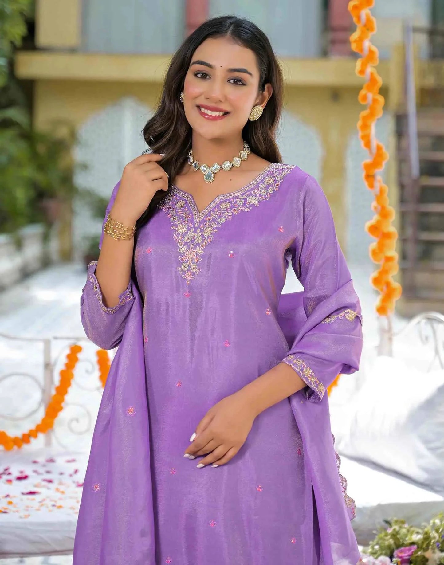 Tissue Silk Embroidered Straight U-Neck Kurta with Pant & Dupatta