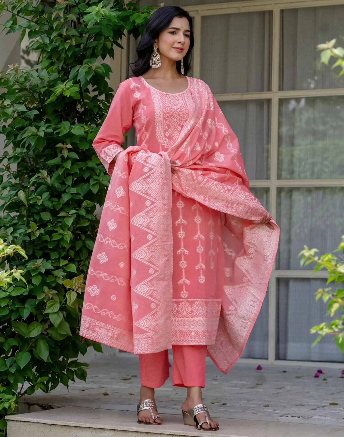 Cotton Woven Design Straight Kurta with Pant & Dupatta