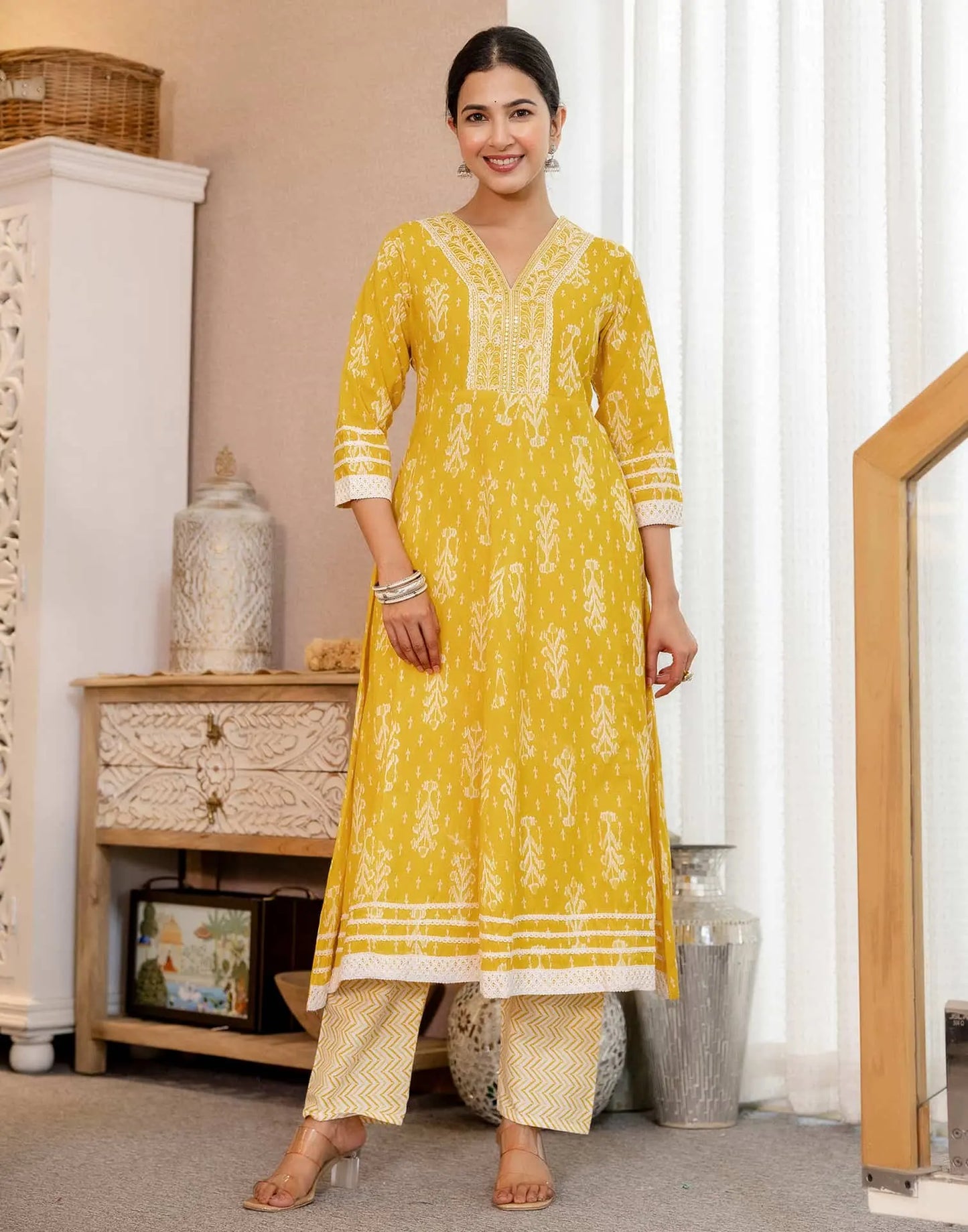 Cotton Anarkali Printed V-Neck Kurta with Pant & Dupatta