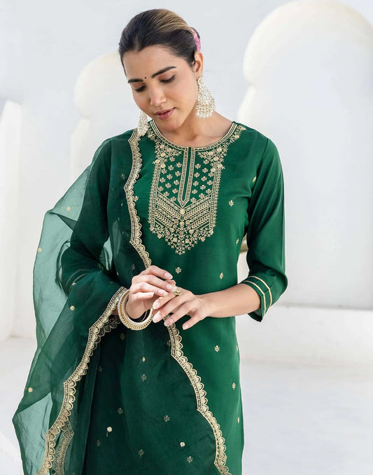 Affordable Dark Green Silk Embroidered Kurta Set with duppatta 