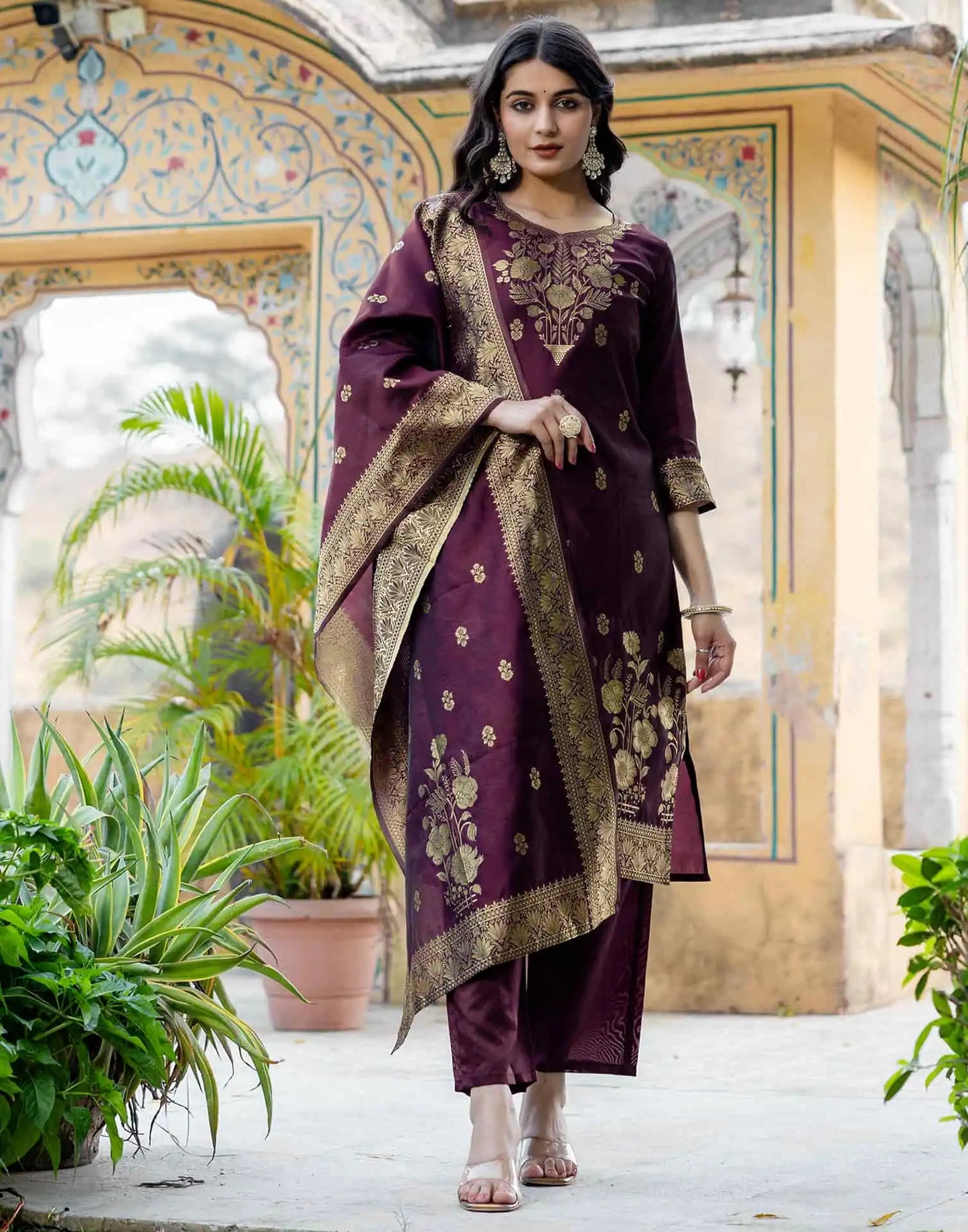 Purple Silk Blend Weaving Straight Kurta Set for Women with Pant & Dupatta