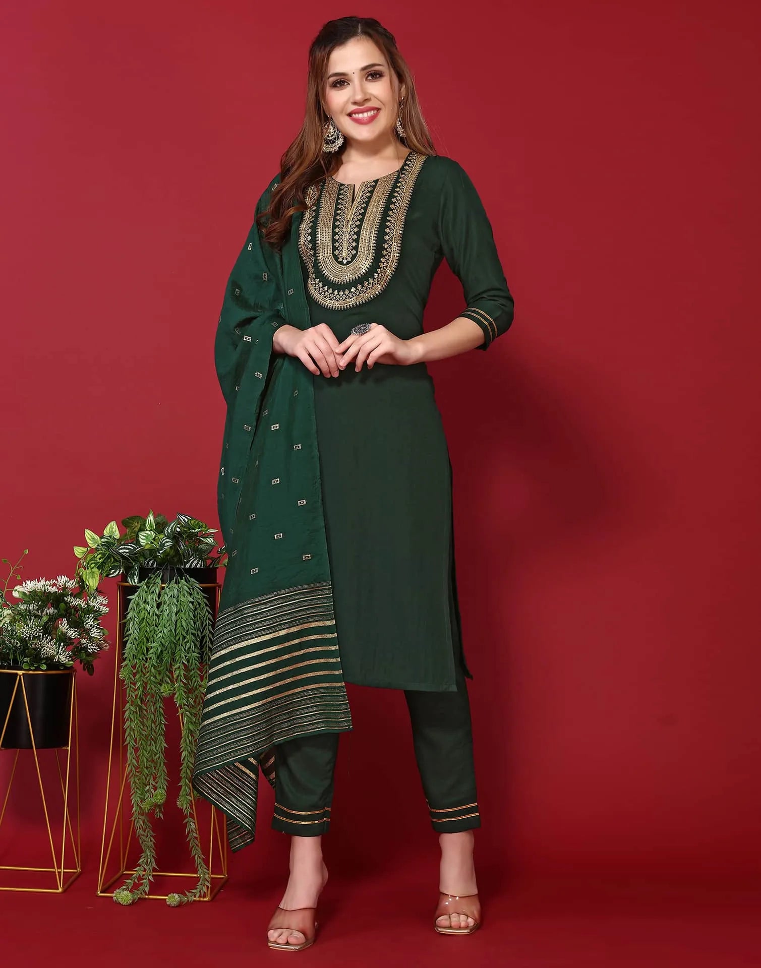 Skylee Poly Chinnon Embroidered Straight 3 Piece Kurta Set For Woman