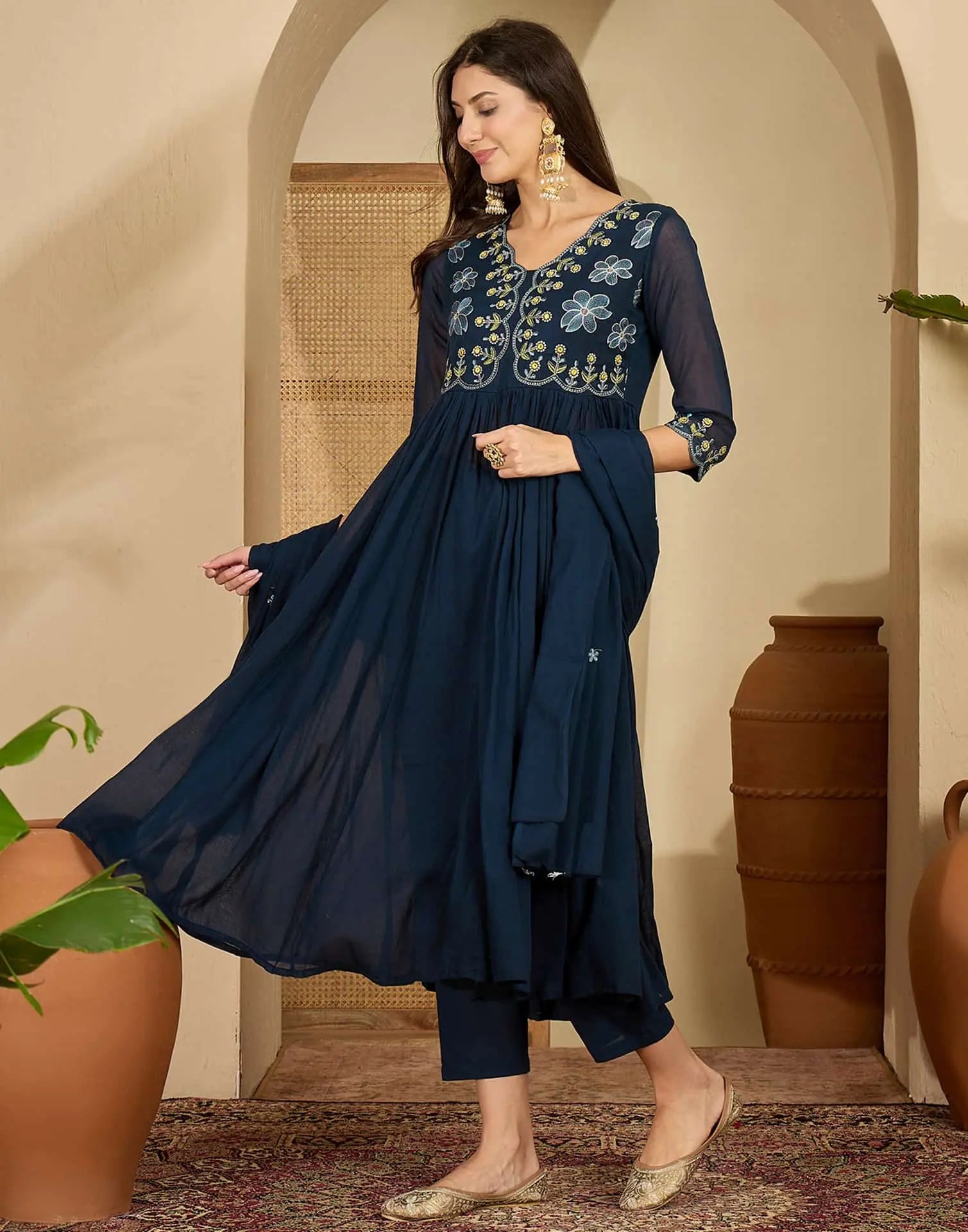 Blue Cotton Embroidered Anarkali Kurta with Pant & Dupatta for Women