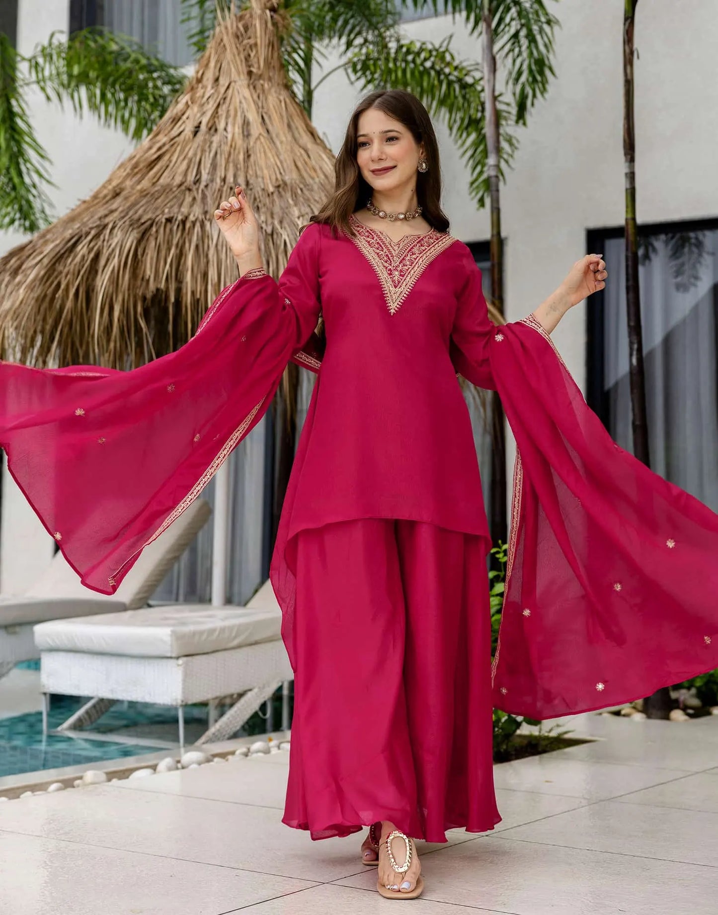 Silk Embroidered Straight Kurta with Pant & Dupatta