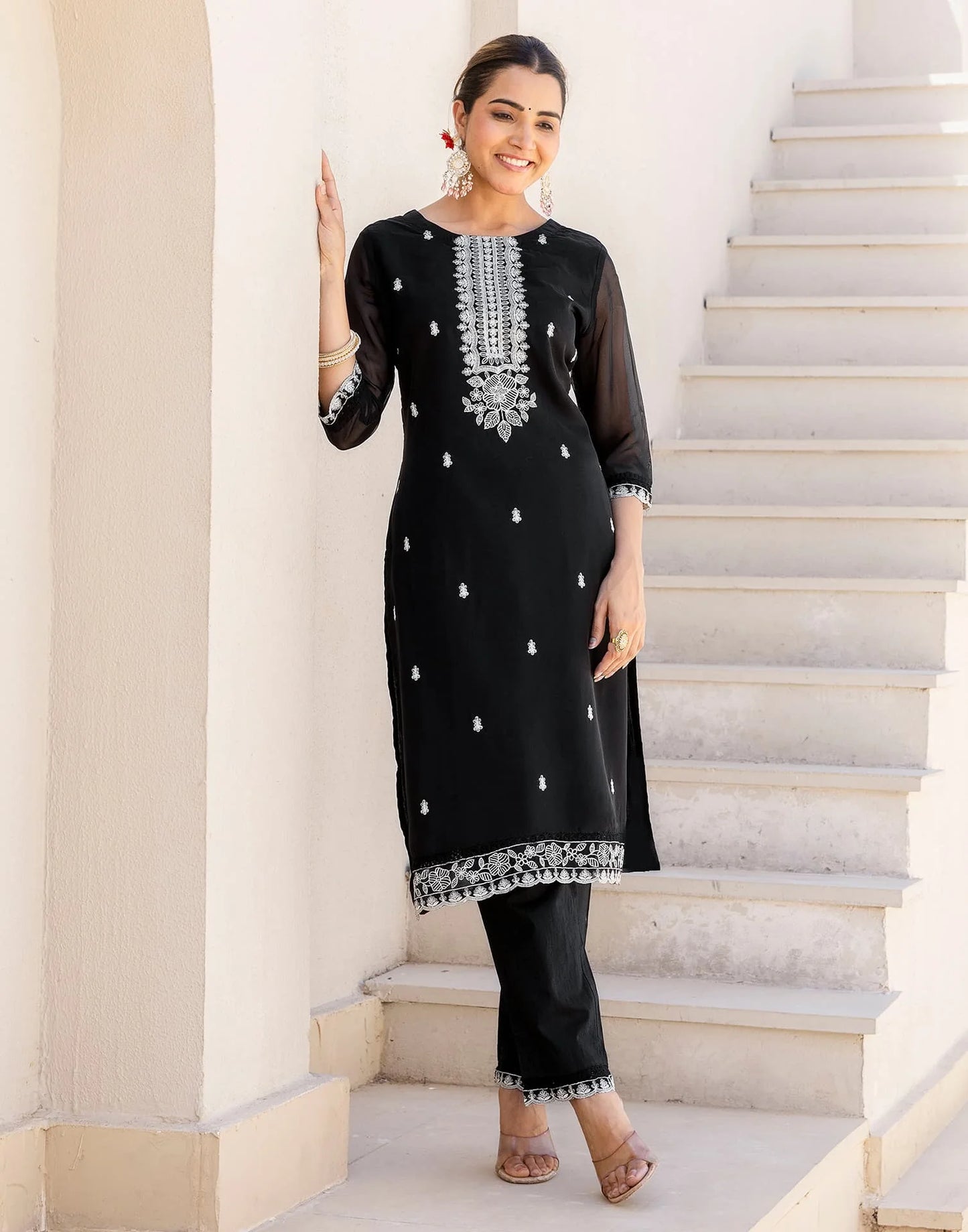 Skylee Black Silk Embroidered Straight Kurta Set for Women