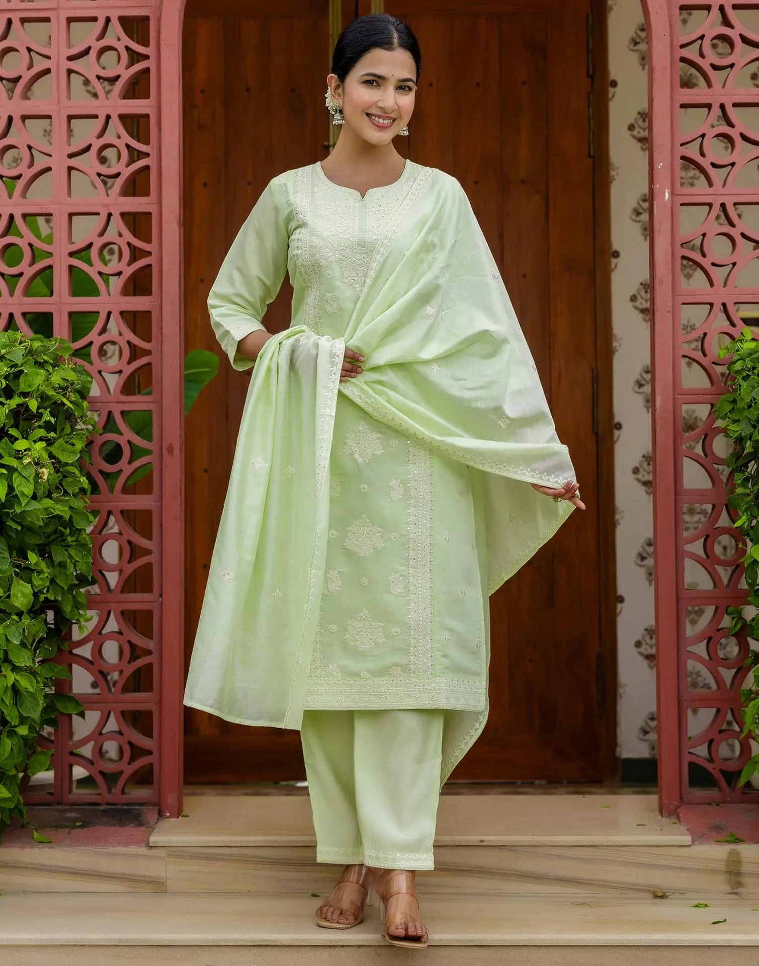 Affordable Green Silk Blend Embroidered Kurta Set with Pant & Dupatta