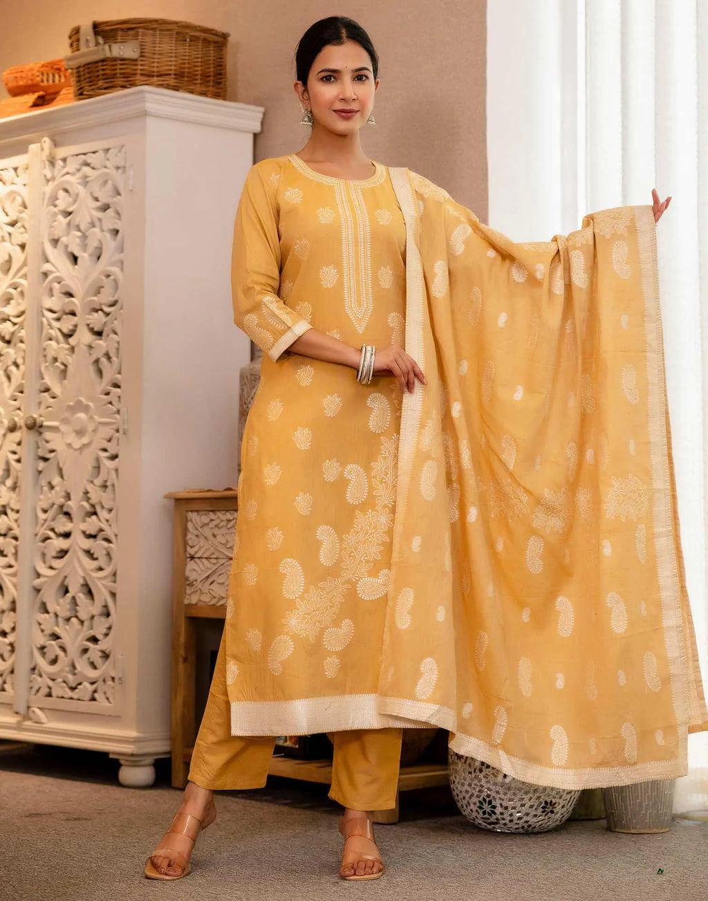 Yellow Cotton Woven Straight Kurta Set with Pant & Dupatta under 1250