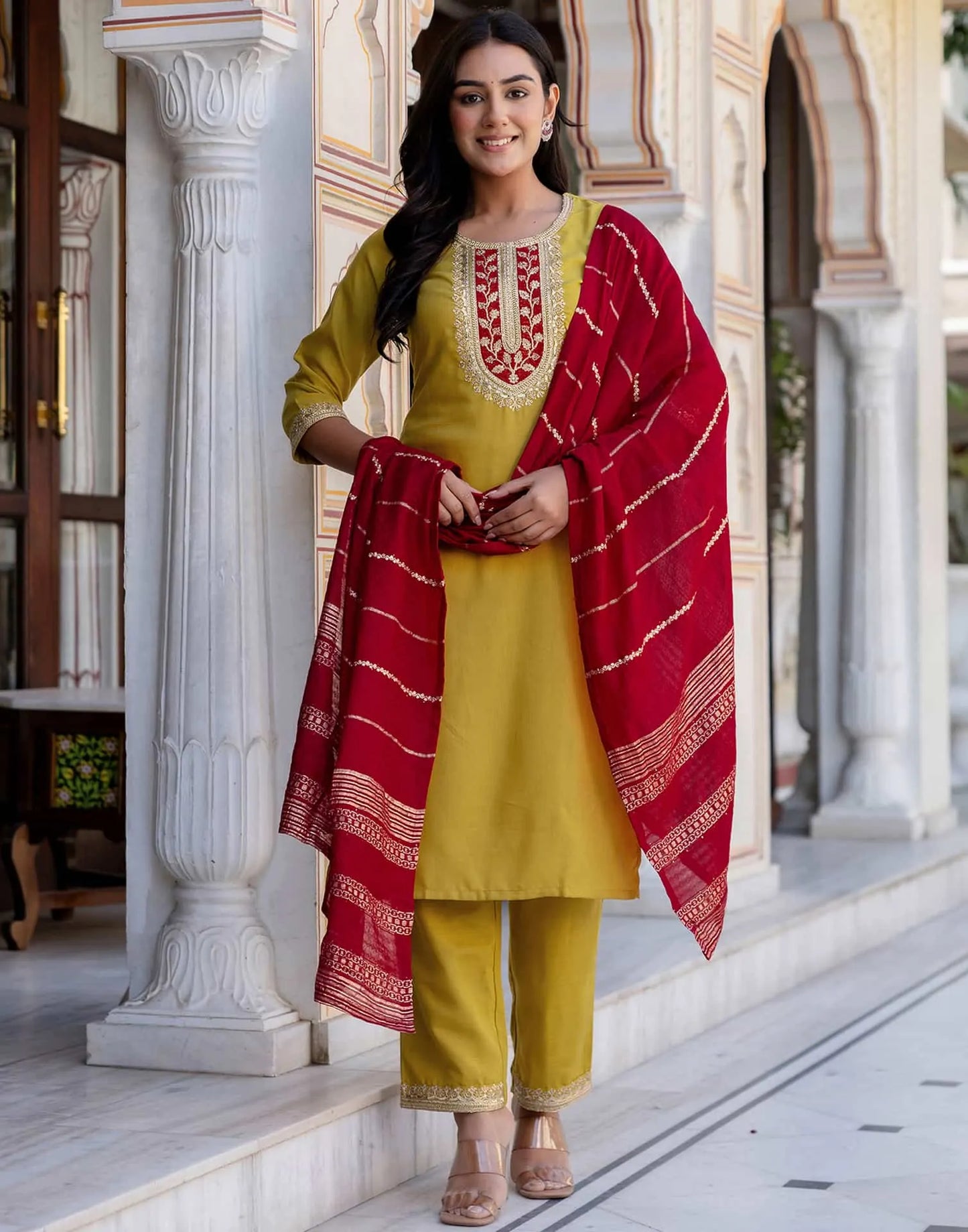 Cotton Blend Embroidery and Sequins Work, Embroidery and Sequins Work Lace Straight Kurta with Pant & Dupatta