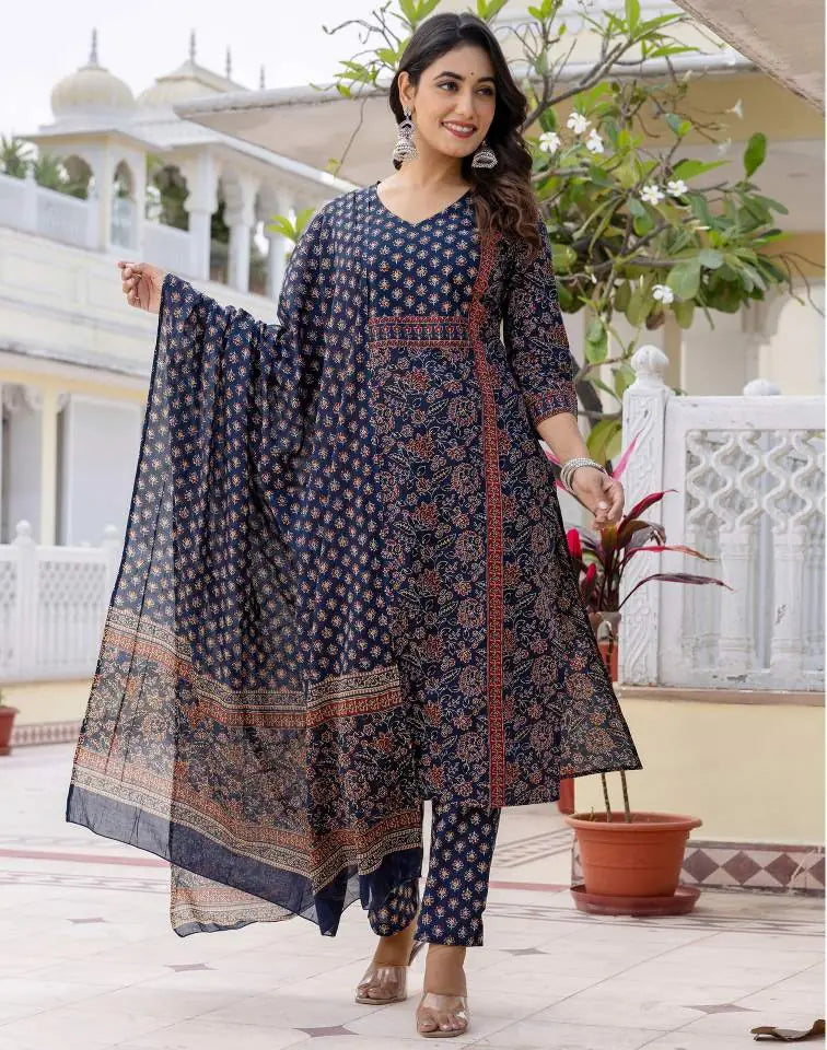 Affordable Navy Blue Printed V Neck Kurta Set with dupatta