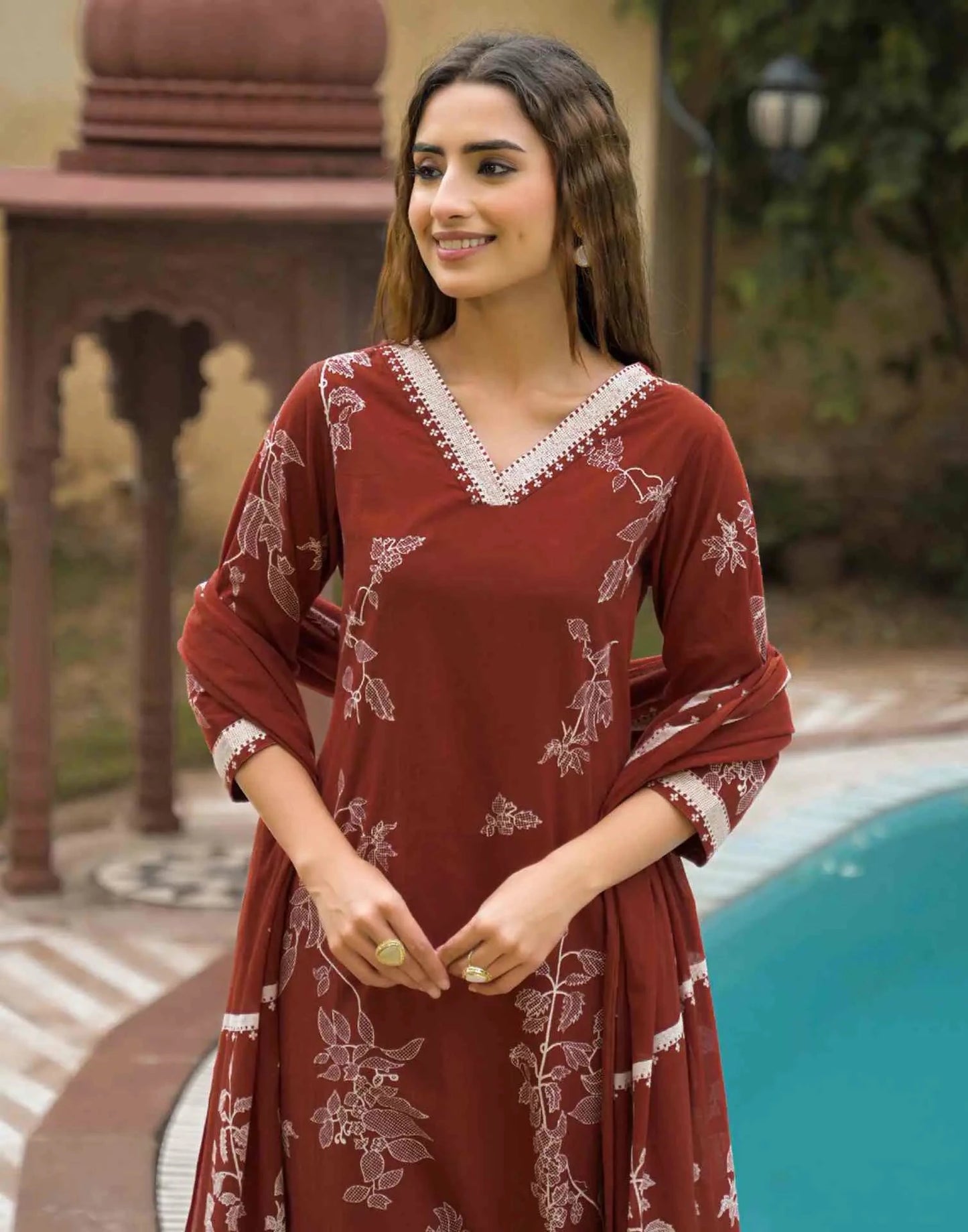 Cotton Printed Straight V-Neck Kurta with Pant & Dupatta