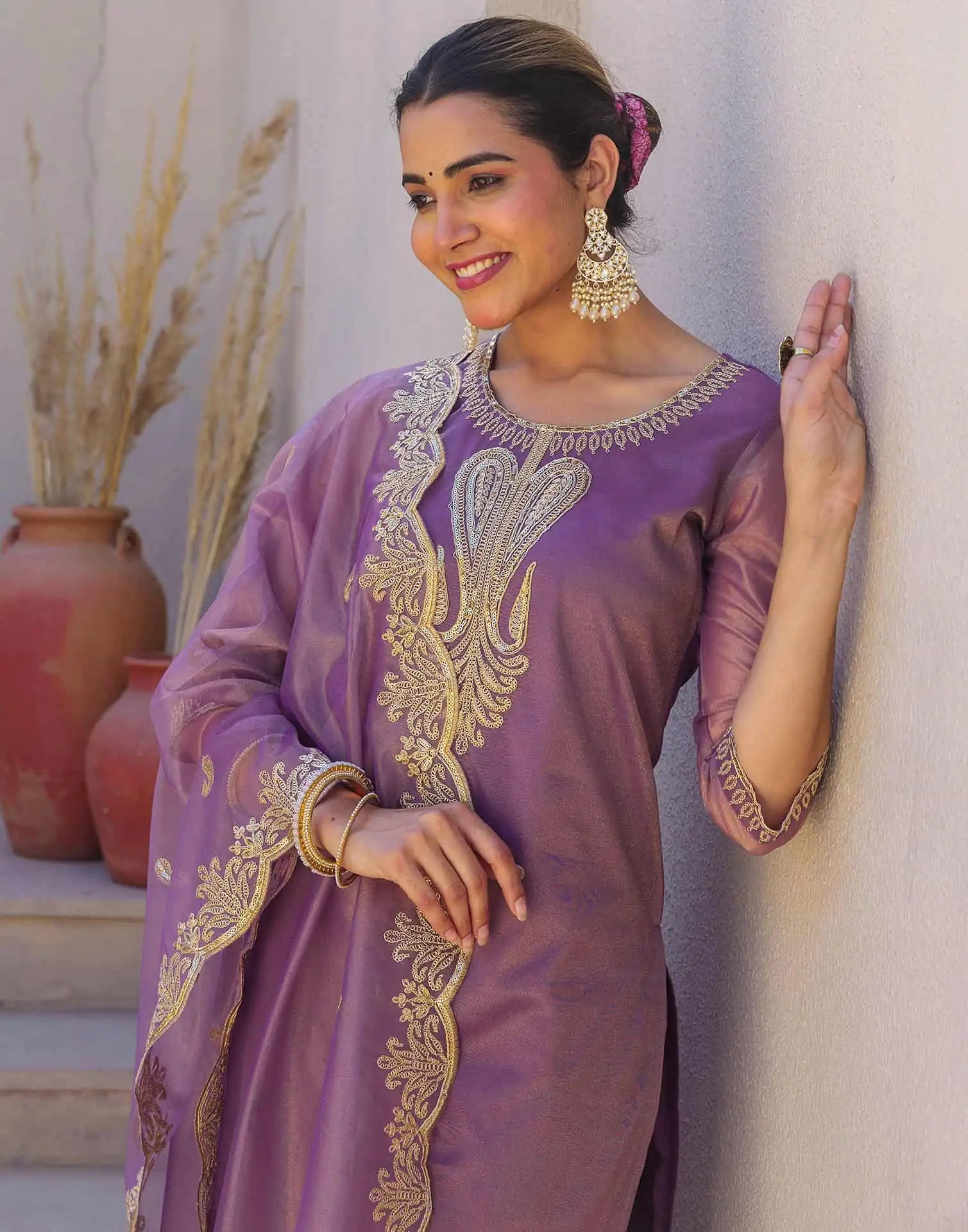Affordable Ethnic Wear Purple Net Sequins Embroidered Kurta Set with Lace, Pant & Dupatta