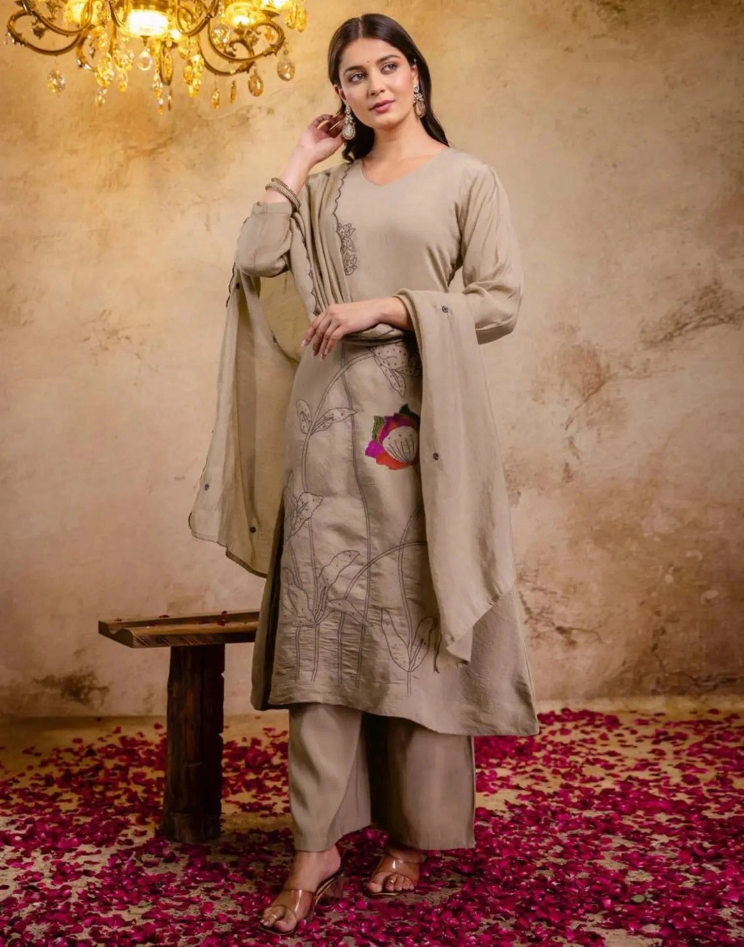Skylee Mul Chanderi Embroidered A-Line 3 Piece Kurta Set For Woman