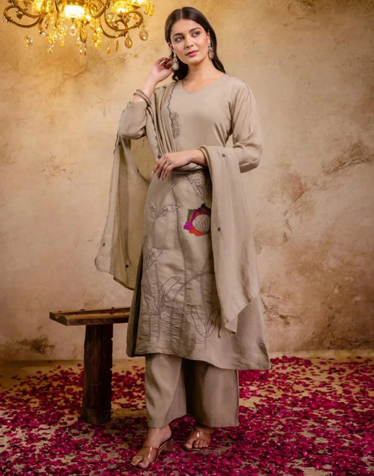 Silk Embroidered Straight V-Neck Kurta with Pant & Dupatta