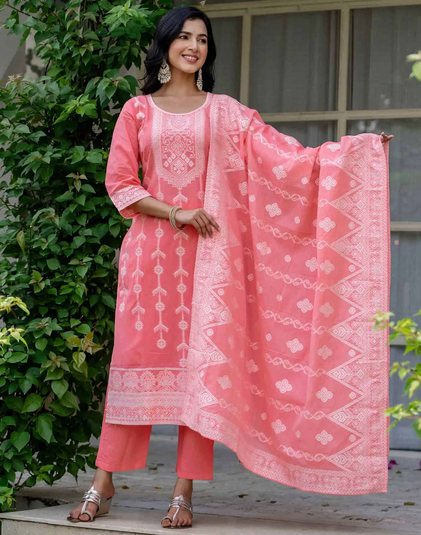 Cotton Woven Design Straight Kurta with Pant & Dupatta
