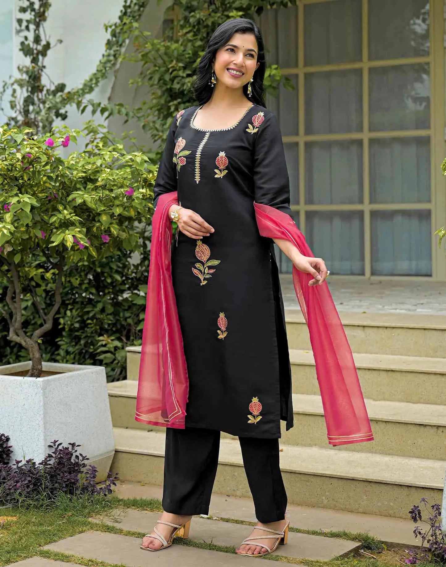 Silk Blend Embroidered Straight Round Neck Kurta with Pant & Dupatta