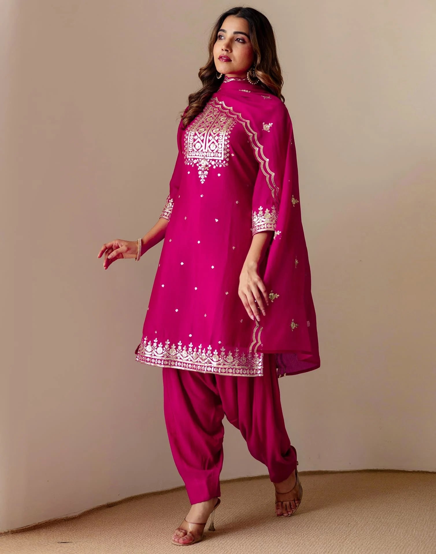 Affordable Pink Silk Embroidered Straight Kurta Set Round Neck Silk Embroidery Work Kurti with Patiala & Dupatta