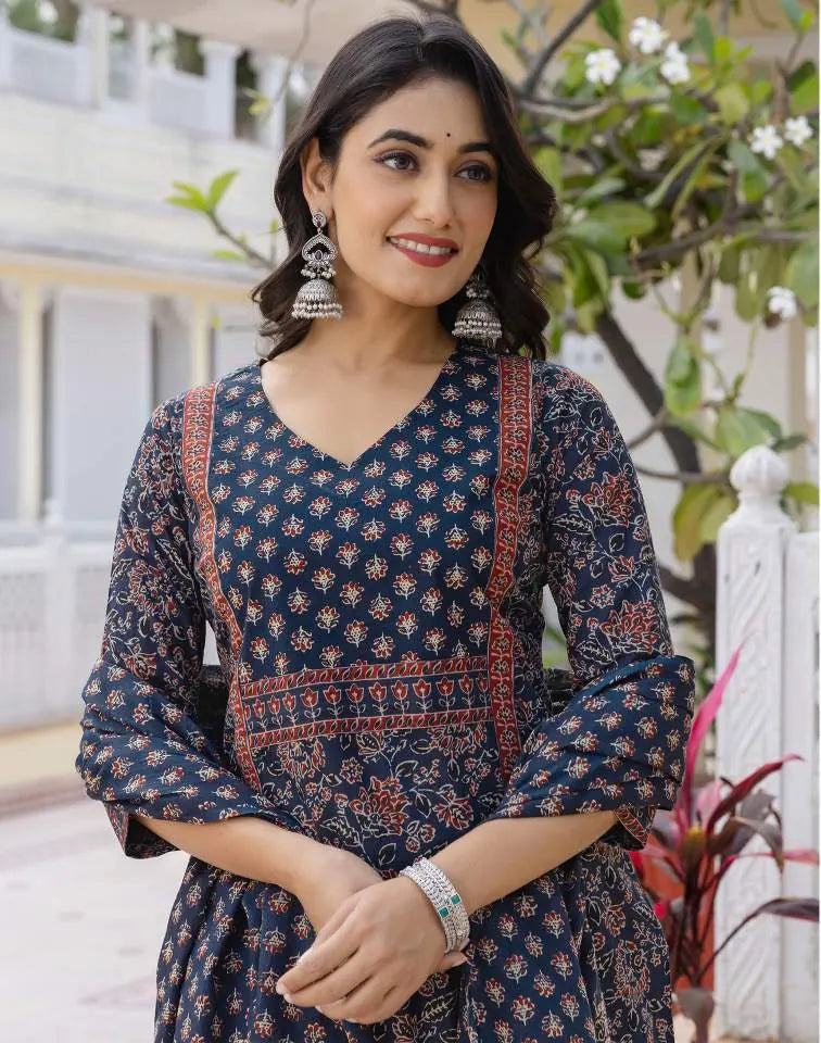 Affordable Navy Blue Printed V Neck Kurta Set with dupatta