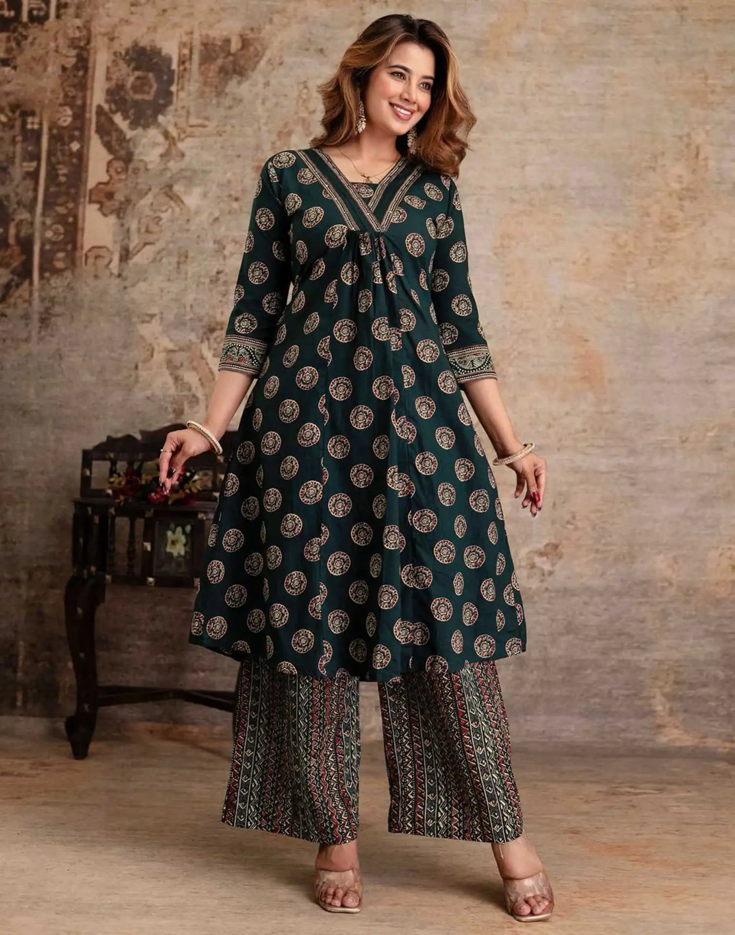 Green Cotton Printed V-Neck Kurta Set with Pant & Dupatta Affordable Ethnic Casual Wear