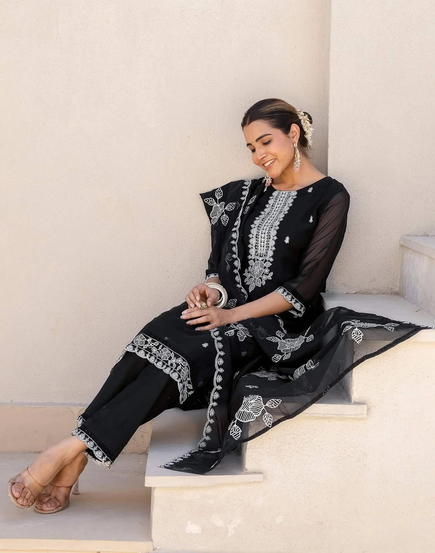 Skylee Black Silk Embroidered Straight Kurta Set for Women