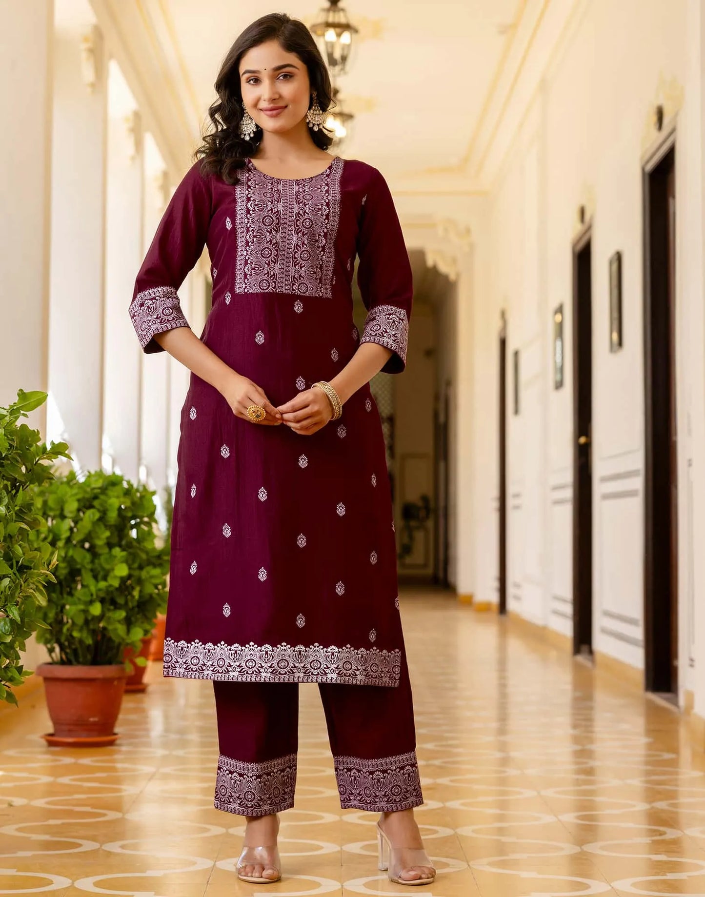 Silk Blend Pigment Printed and Printed Lace Straight Kurta with Pant & Dupatta