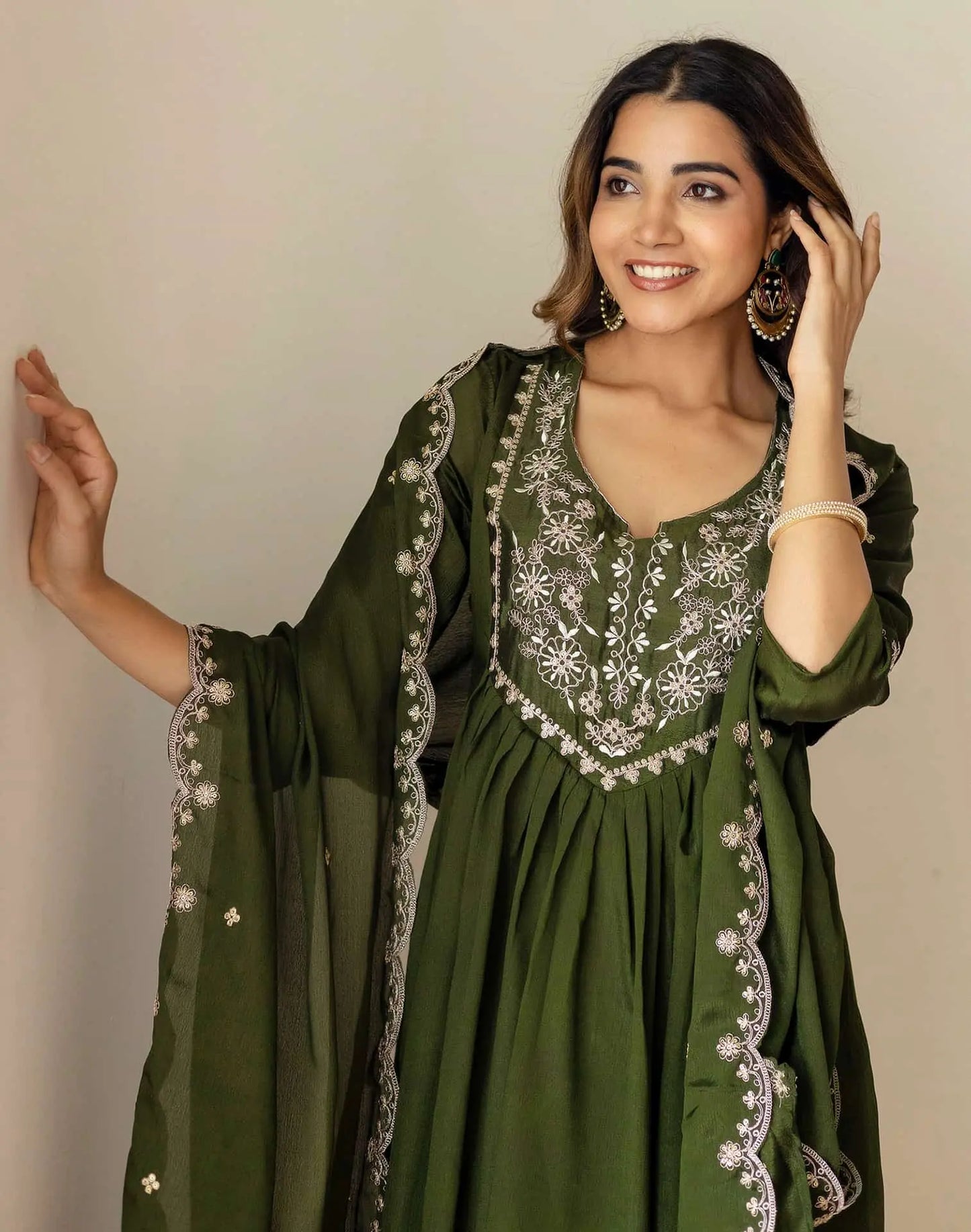 Green Silk Sequin Anarkali Kurta Set with Pant & Dupatta under 1299 