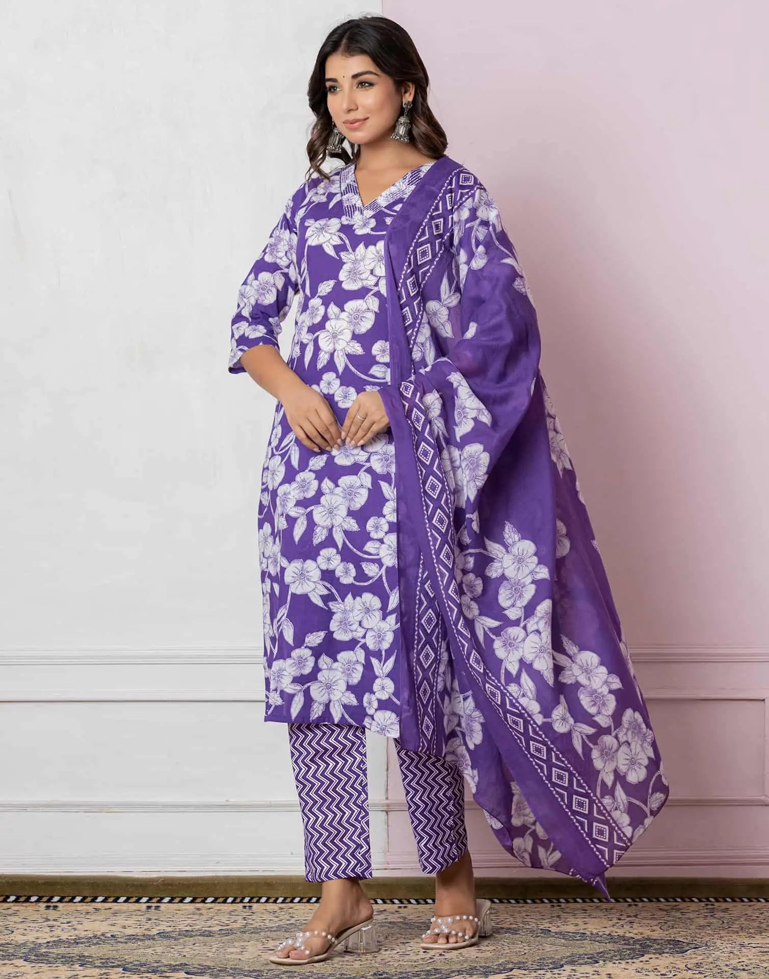 Affordable Purple Cotton Printed Straight Kurta Set under 799