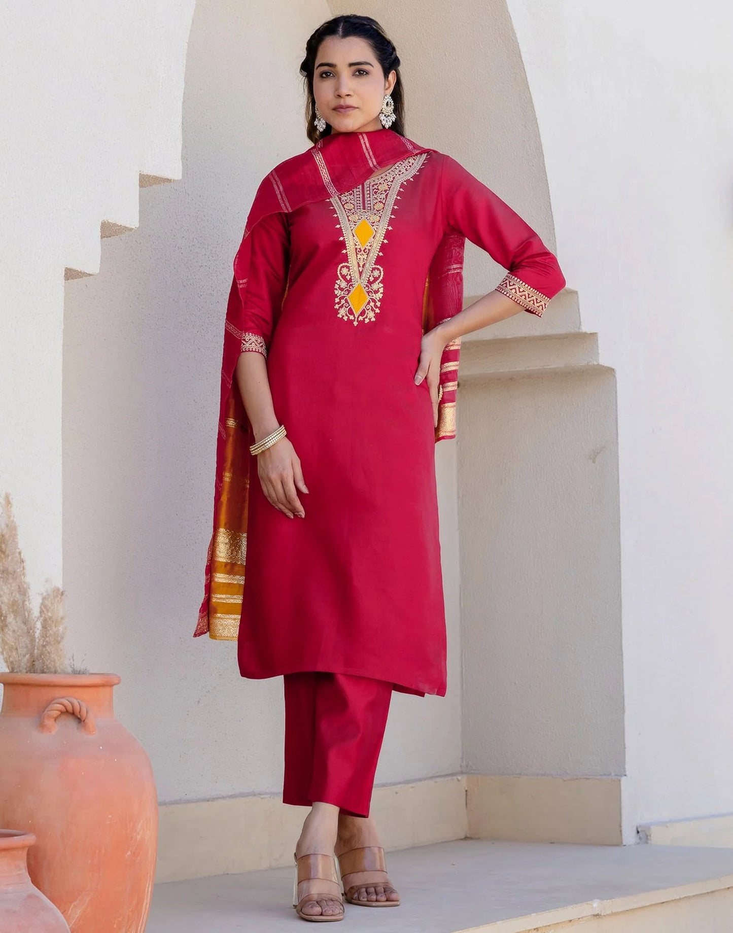 Cotton Blend Embroidery and Sequins Work Straight Kurta with Pant & Dupatta